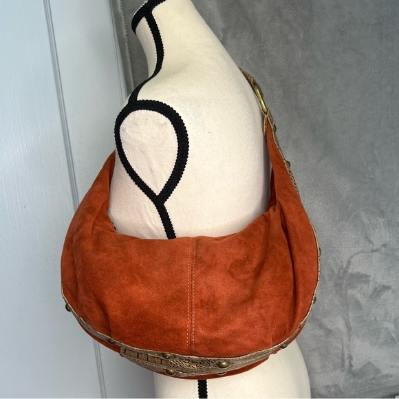 Kathy Van Zeeland Burnt‎ Orange Purse Suede Croc Trim Metal Bead turquoise Fur - Picture 1 of 16